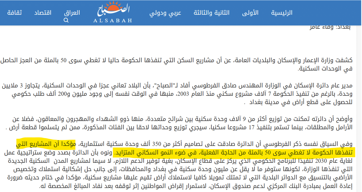 خبر صحيفة الصباح الحكومية على لسان مدير دائرة الإسكان