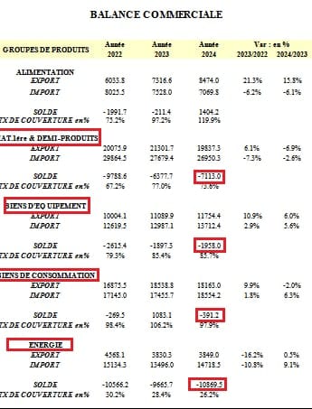 الميزان التجاري التونسي لسنة 2024 حسب المواد.
