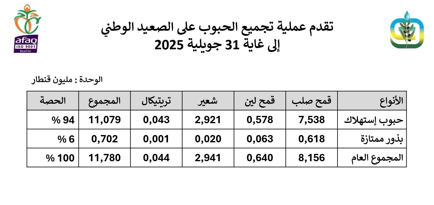 كميّات الحبوب المجمّعة حتى 31 يوليو 2025