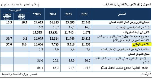 تراجع نسبة الادخار الوطني (المصدر: البنك المركزي)