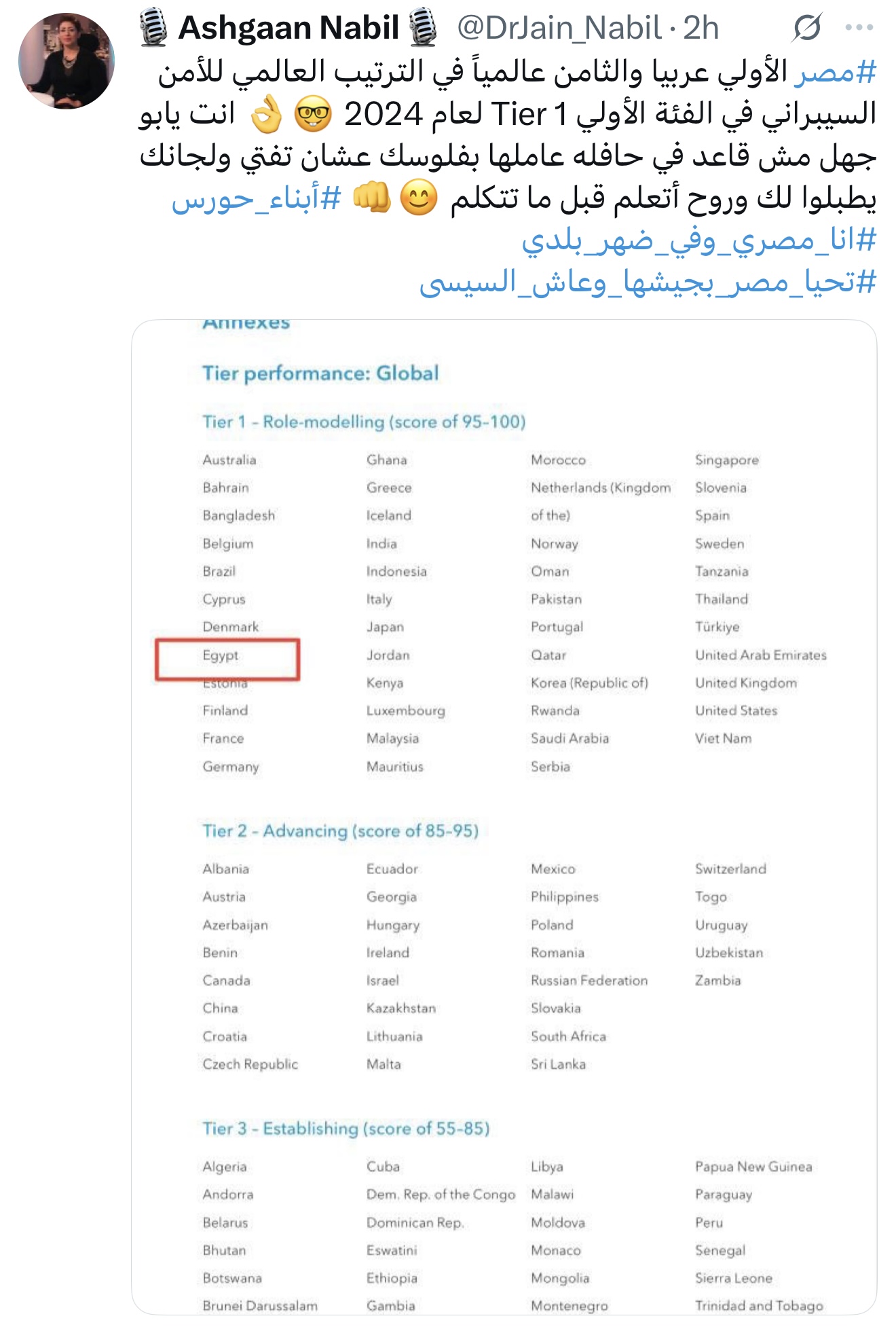 الادعاء بشأن ترتيب مصر العربي والعالمي في الأمن السيبراني