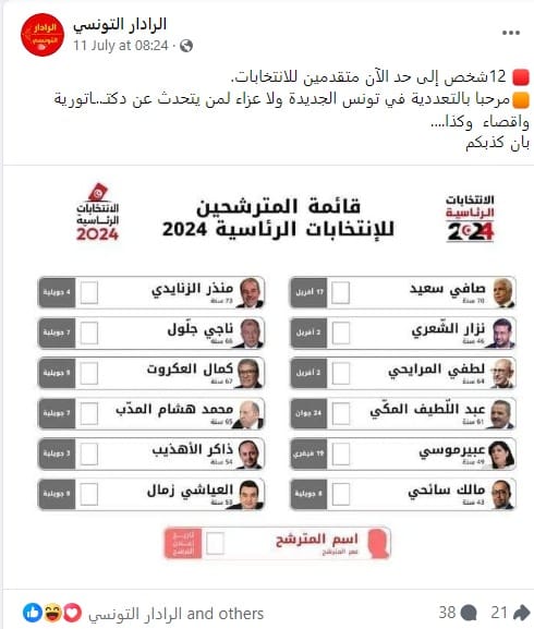 الادعاء بشأن قائمة مرشحي الانتخابات الرئاسية التونسية