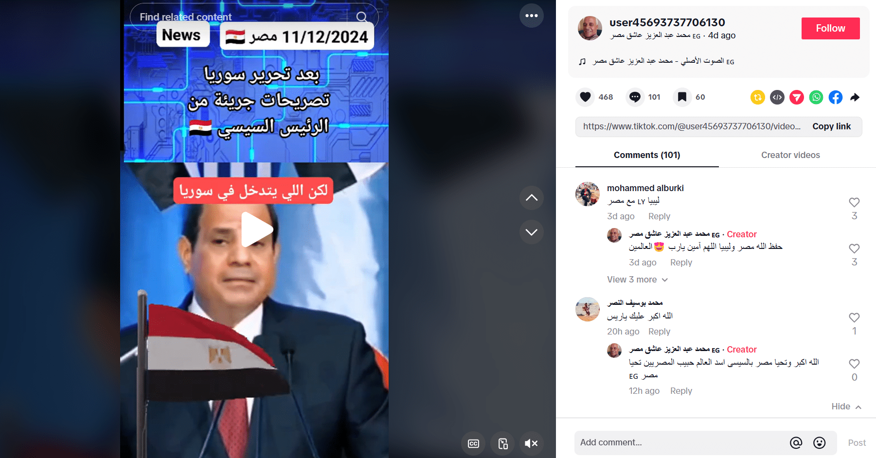 فيديو متداول لتصريحات السيسي بعد تحرير سوريا