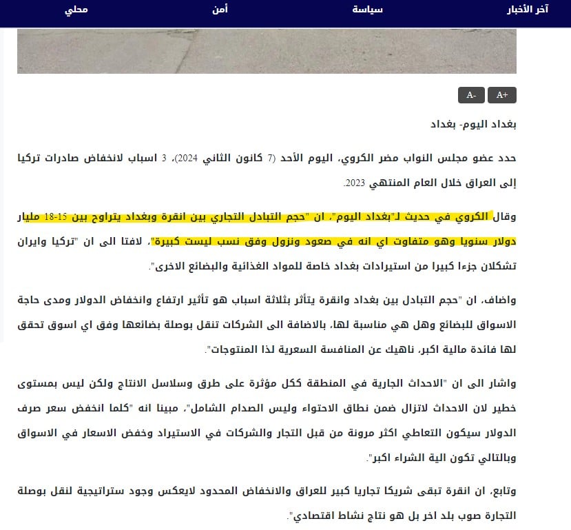 تصريح عضو مجلس النواب عن التبادل التجاري بين العراق وتركيا