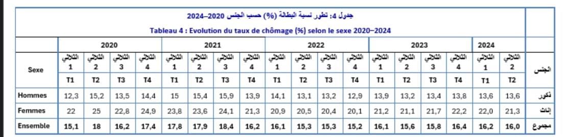   جدول تطور  نسبة البطالة بين 2020 و2024
