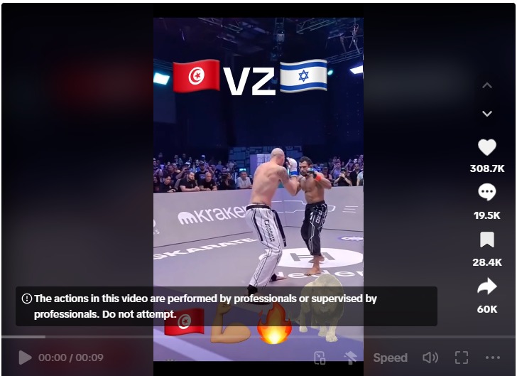 صورة مقتطفة من فيديو الادعاء بشأن فوز رياضي تونسي بالضربة القاضية على منافسه الإسرائيلي