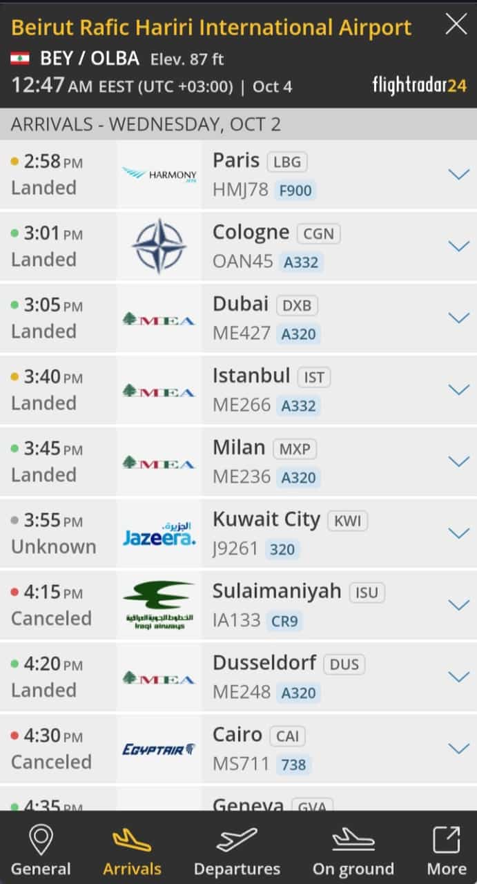 طائرات عسكريّة ومدنيّة حطّت بمطار بيروت يوم 2 أكتوبر 2024