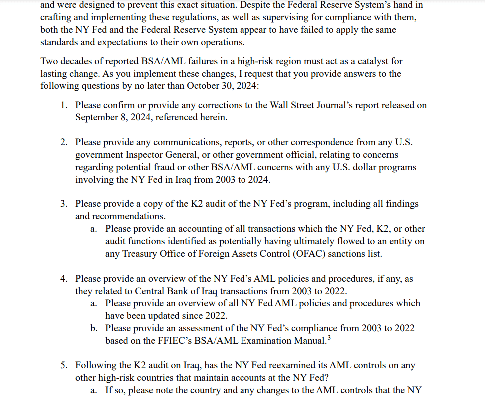 كتاب لجنة البنوك في مجلس الشيوخ إلى البنك الفيدرالي الأمريكي