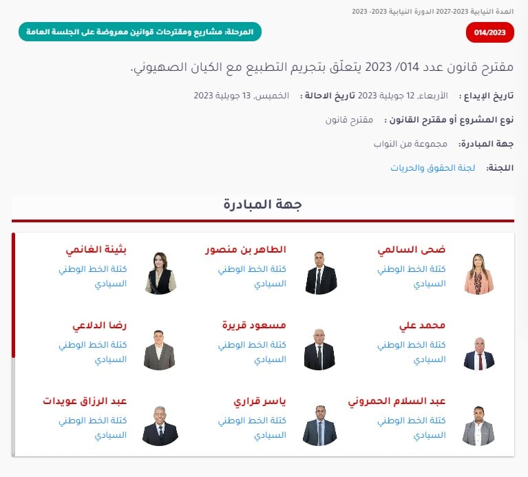 مقترح القانون 14 / 2023 المتعلّق بتجريم التطبيع