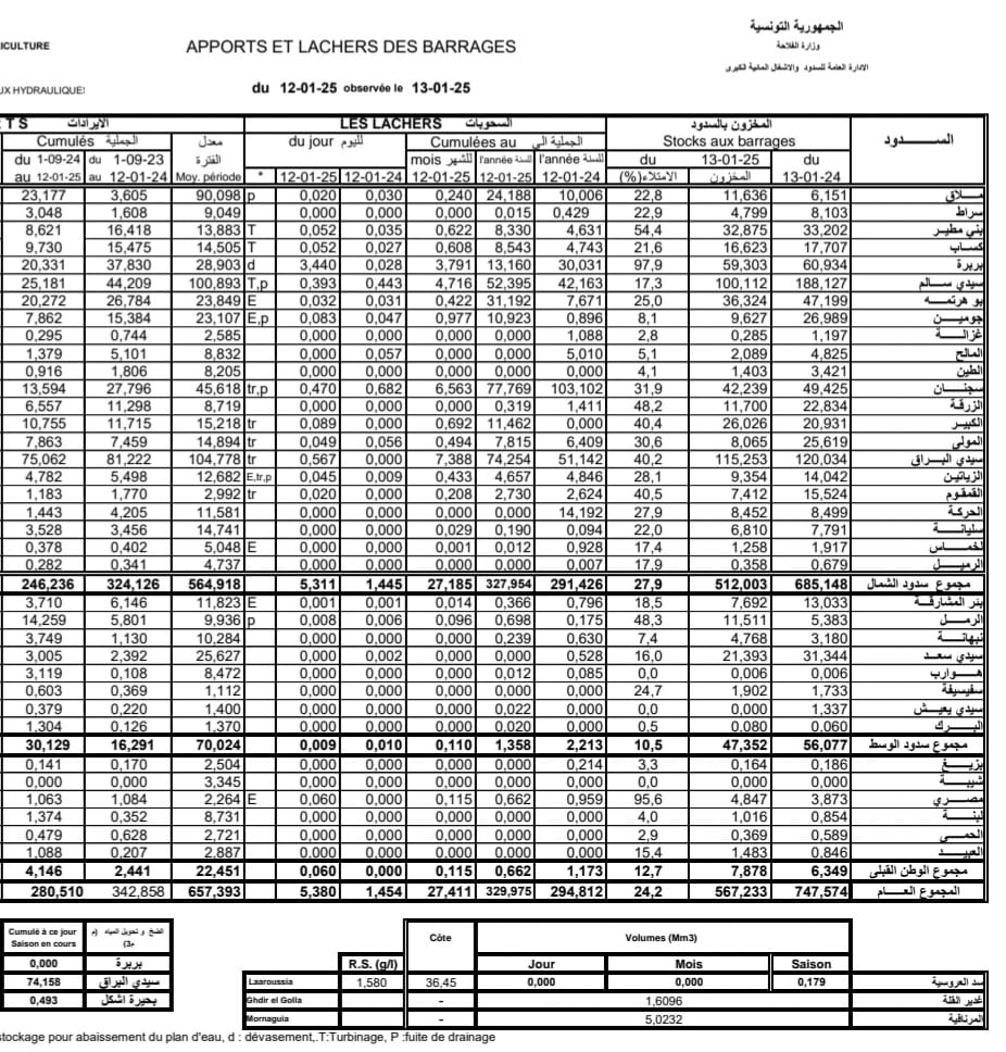 نسبة امتلاء السدود بتاريخ 13 يناير 2025